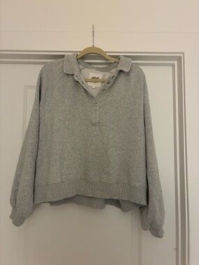aerie Light Gray Button-Up Collared Sweatshirt